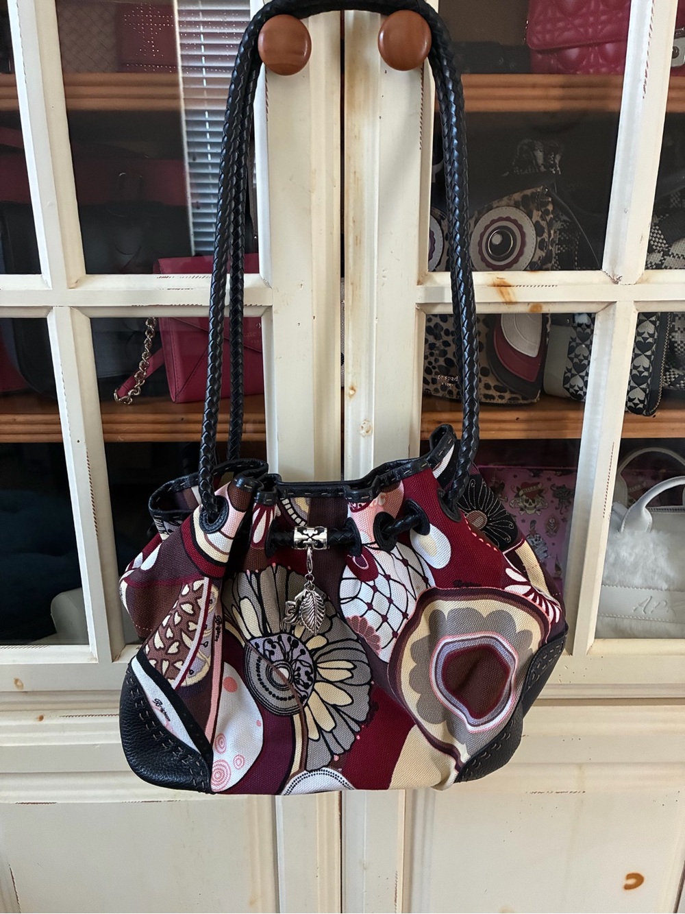 Brighton Burgundy Floral Drawstring Shoulder Bag with Black Braided Straps